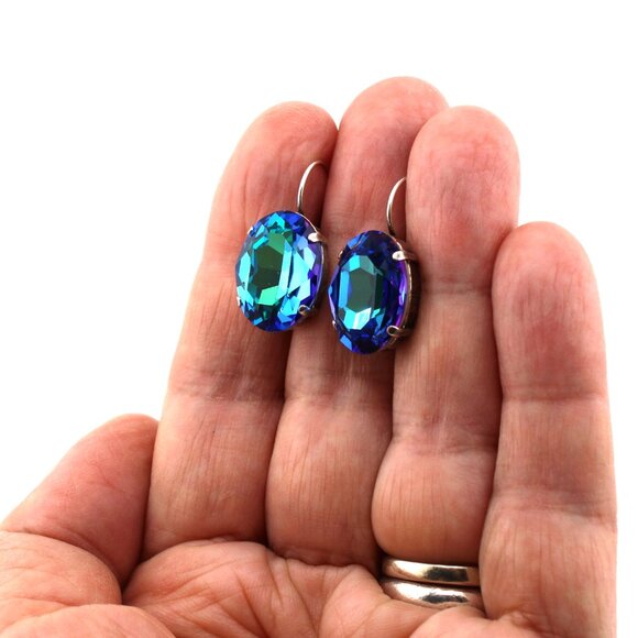 Sphinx Green Blue 18x13mm Oval Drop Crystal Earrings, Large Statement Lever Back - Picture 7 of 7
